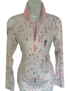 San Soleil UPF 50 White & Pink Quarter-Zip Pullover with Figurine Print-S